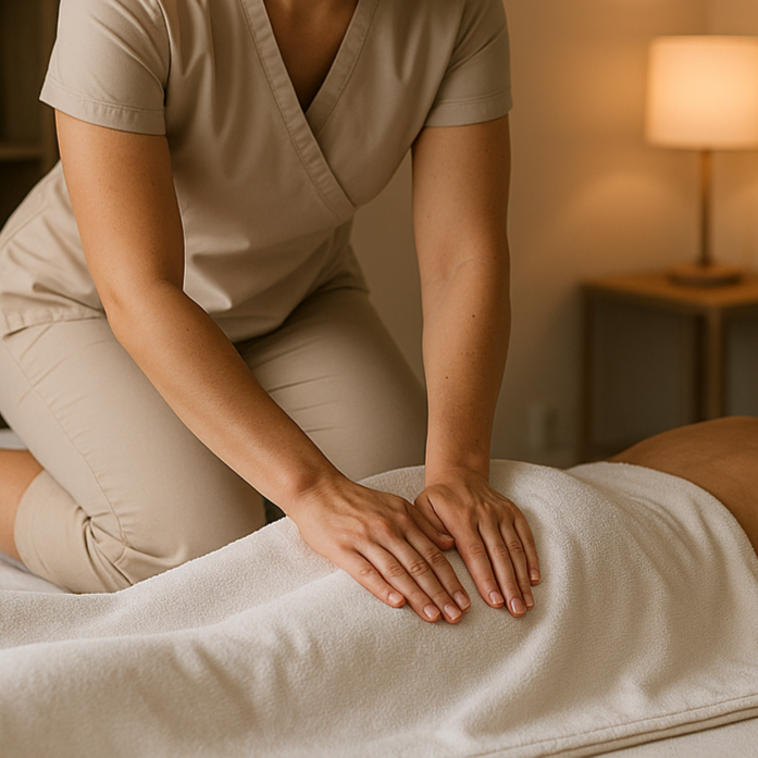 les jambes sont couvertes, et la masseuse est sur la table 