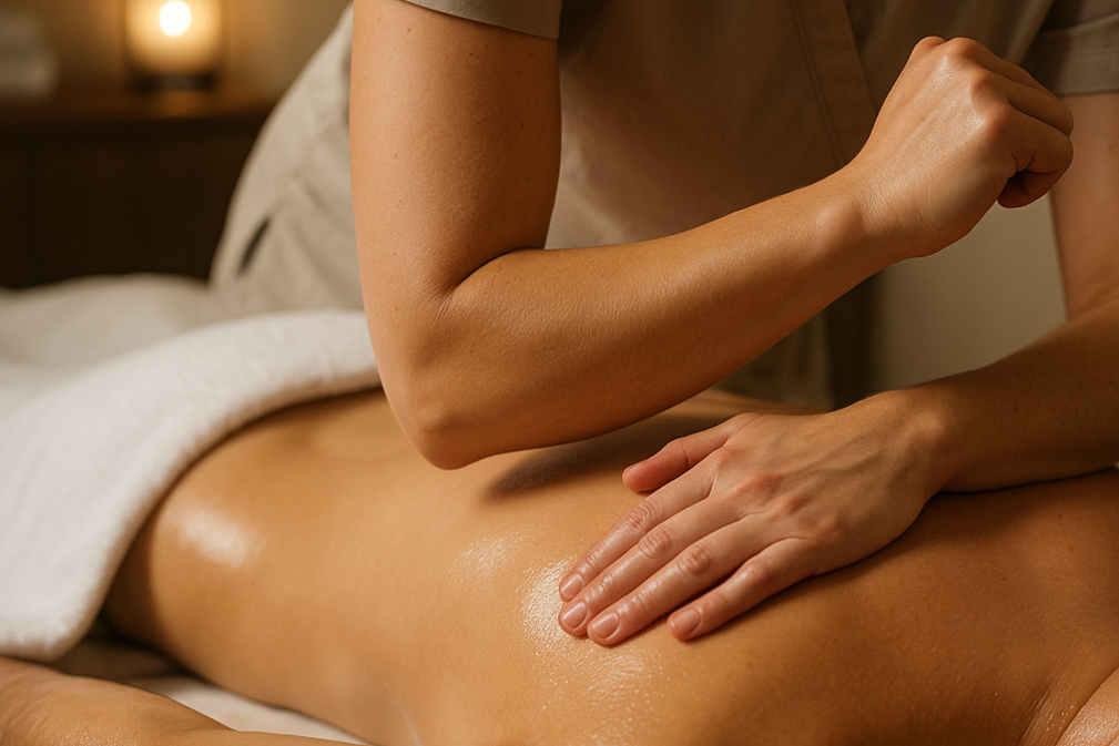 massage huilé sur dos avec le coude sur le dos et une main sur trapèze 