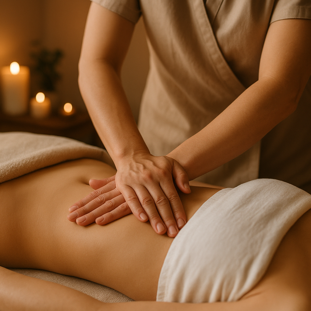massage main sur le ventre type pression une main sur l 'autre shiatsu