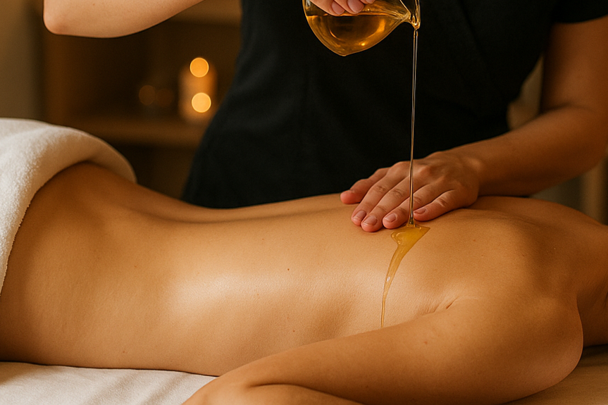 massage où la masseuse fait couler de l'huile chaude sur le dos 